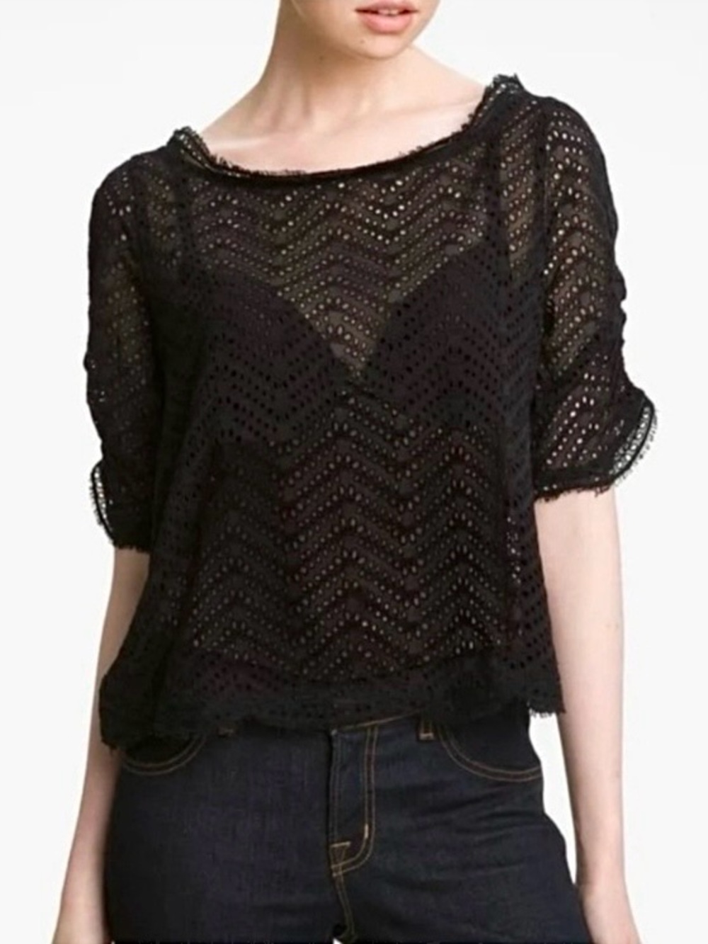 Joie Fanny Eyelet Shirt Top Blouse Black Embroidered 100% Silk J765-22105B Small